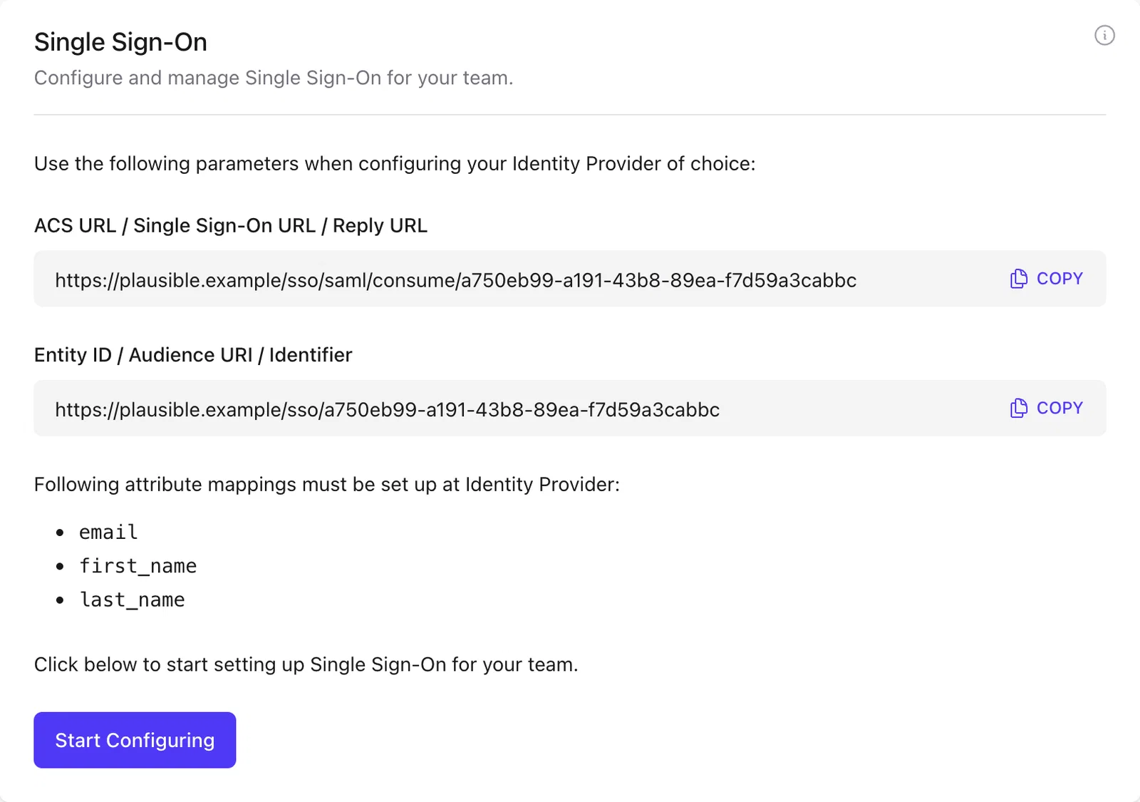 Plausible SAML service-provider settings with ACS URL, Entity ID and required identity attributes